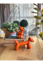 Dekoratif Dachshund Cinsi Balon Köpek Biblo Takım /Masa-Sehpa Üstü/ Kitaplık Süsü Turuncu