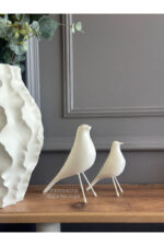 2’li Takım Dekoratif Ekru Kuş Biblo Masa-Sehpa Üstü Aksesuar/Kitaplık Süsü/Raf Kombin/Aksesuar